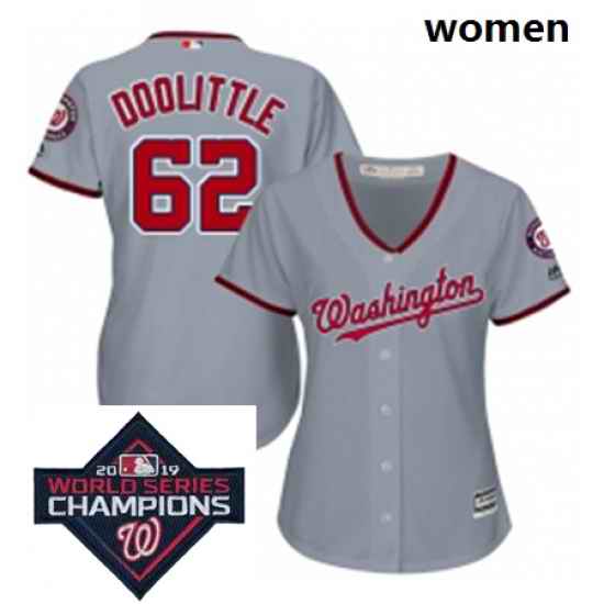 Womens Majestic Washington Nationals 62 Sean Doolittle Grey Road Cool Base MLB Stitched 2019 World Series Champions Patch Jersey